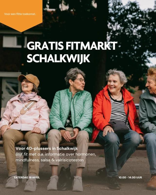 Fit blijven en lekker in je vel zitten? 💚🧡

Kom naar de gratis FitMarkt in Schalkwijk! Ontdek, test en krijg tips over gezondheid, voeding en bewegen met o.a. mindfulness , mentale coaching, valrisicotesten en informatie over hormonen, dementie en stoppen met roken. 

📍 Club Schalkwijk in Schalkwijk Haarlem
🕙 10.00 – 14.00 uur

Speciaal voor alle 40-plussers in Schalkwijk die zich fit en vitaal willen (blijven) voelen. 

#sportsupport #schalkwijk #fitenfitaal #haarlem #fitmarkt #valpreventie