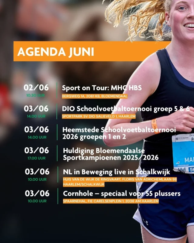 🌞 Juni staat voor de deur en dat betekent: volop sportieve activiteiten voor jong en oud!

Van vrouwenconditiegym en OldStars tot cornhole, de Buitenspeeldag, een gezellige picknick én natuurlijk @grachtenloop 🏃‍♀️🏃‍♂️

Scroll door de agenda en ontdek welke activiteit bij jou past.

Welke activiteit staat er op jouw planning? 👇

#sportsupport #jongenoudinbeweging #dezorgspecialistgrachtenloop #hardlopen #buitenspeeldag